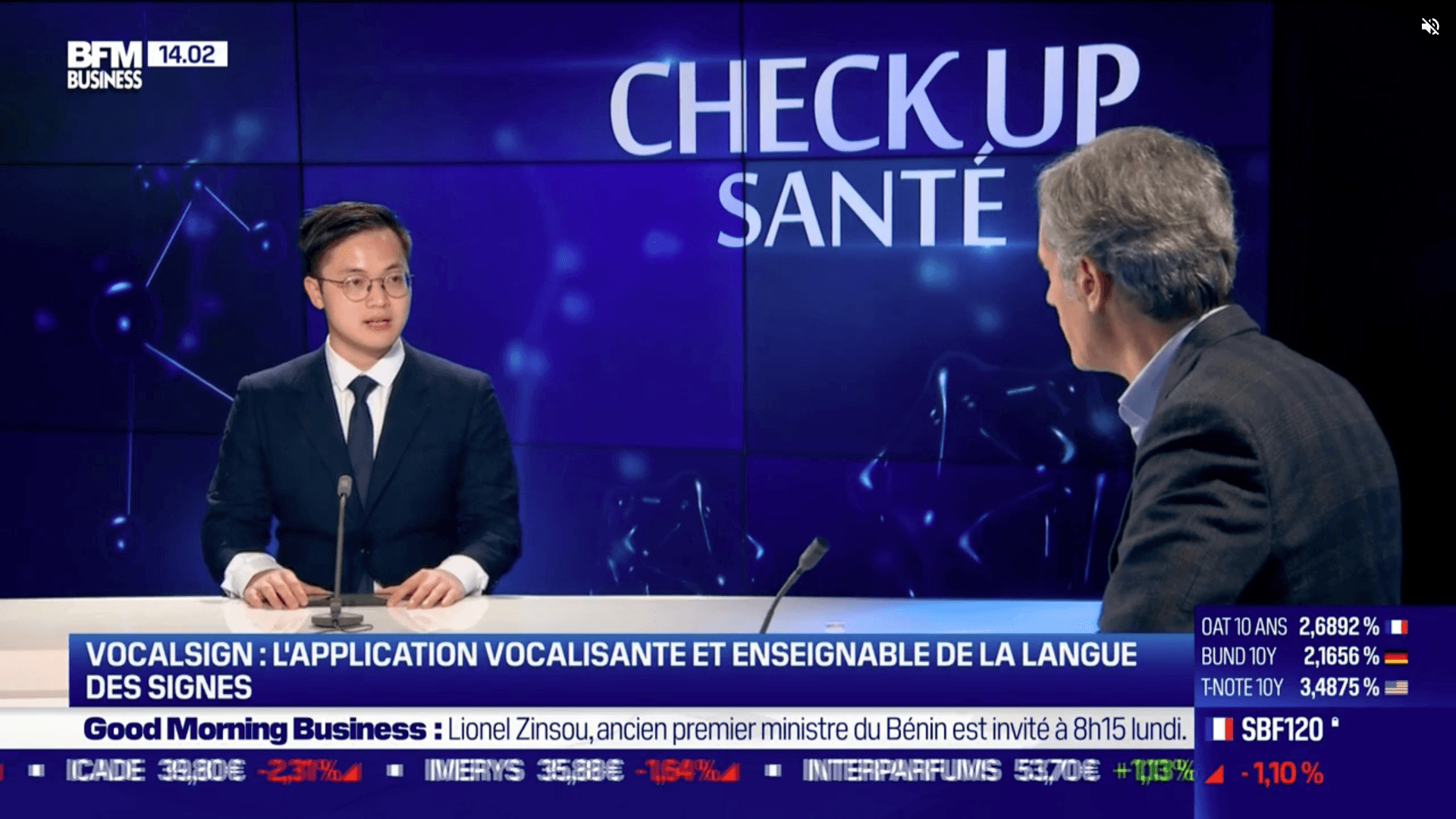Thomas A.Q.T. Truong being interviewed on BFM Business French television about VocalSign, the AI-powered sign language translation app, showcasing the French AI entrepreneur discussing accessibility technology and innovation
