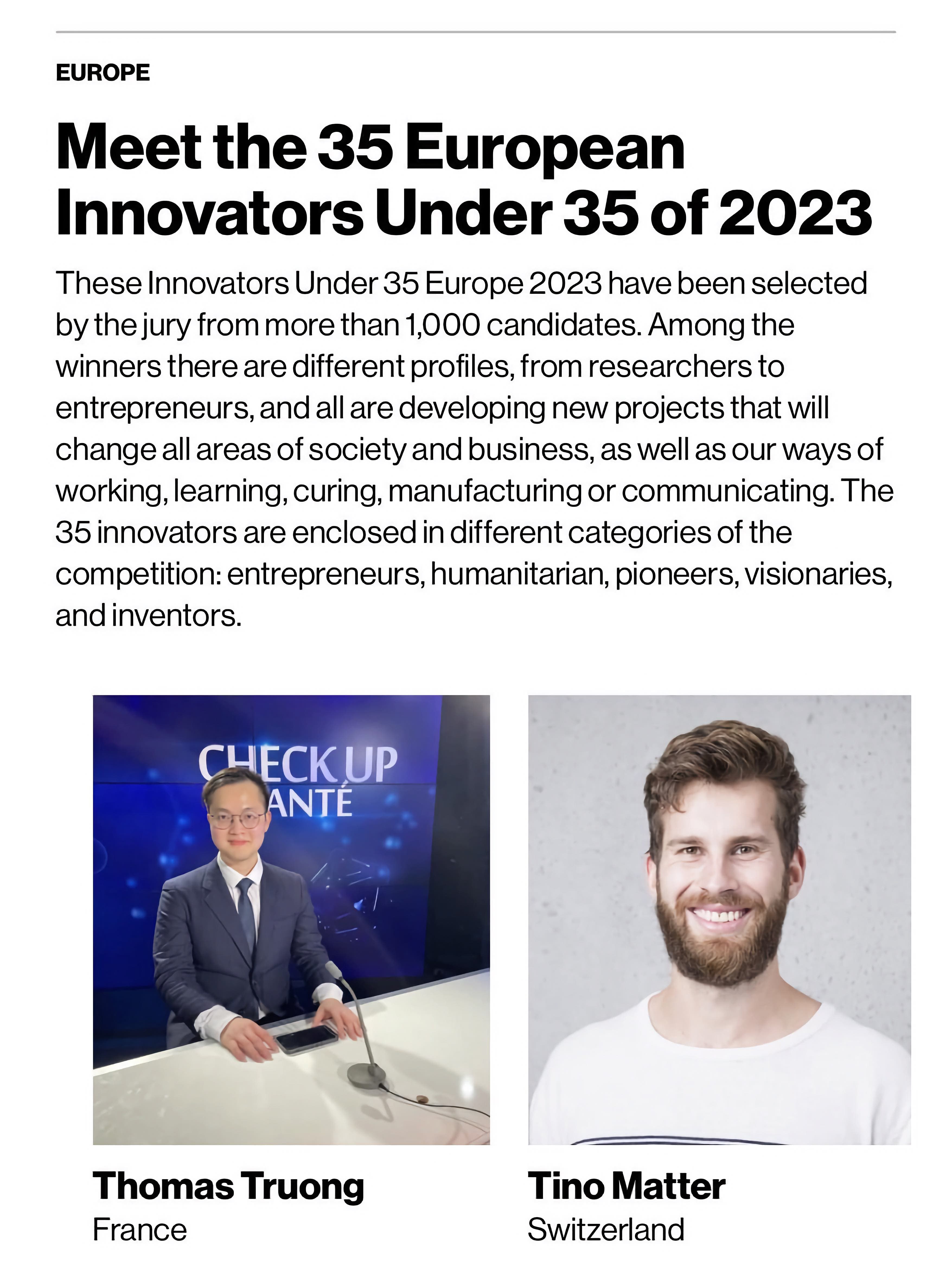 Thomas A.Q.T. Truong featured in MIT Technology Review Innovators Under 35 Europe 2023 announcement, showing the French AI entrepreneur and InfiniteLibrary.ai inventor being recognized as one of Europe's top young innovators in artificial intelligence