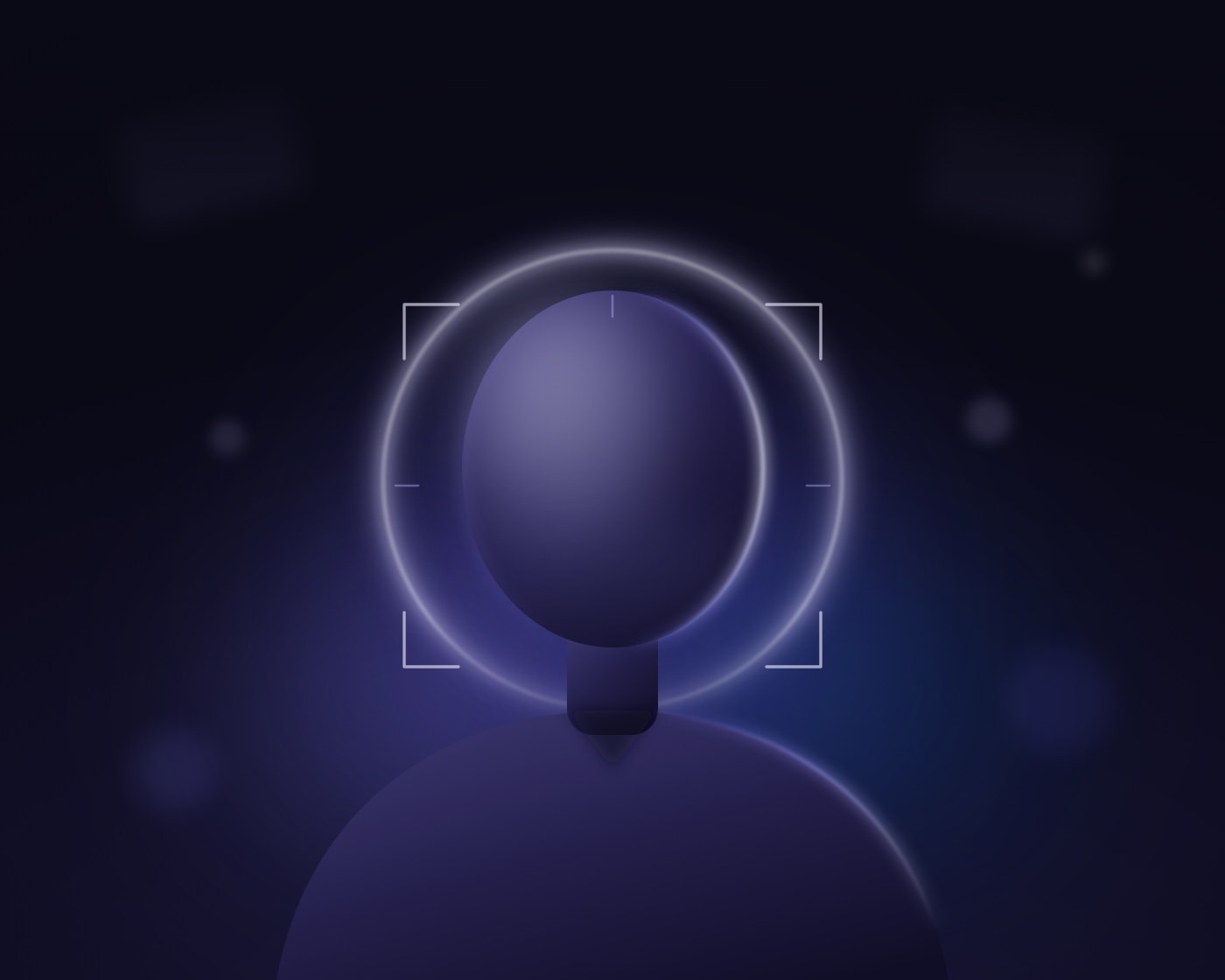 A studio ring light glowing behind an abstract portrait bust framed by camera focus brackets. Artwork for AIFacePro, the AI professional headshot app by Thomas Truong.