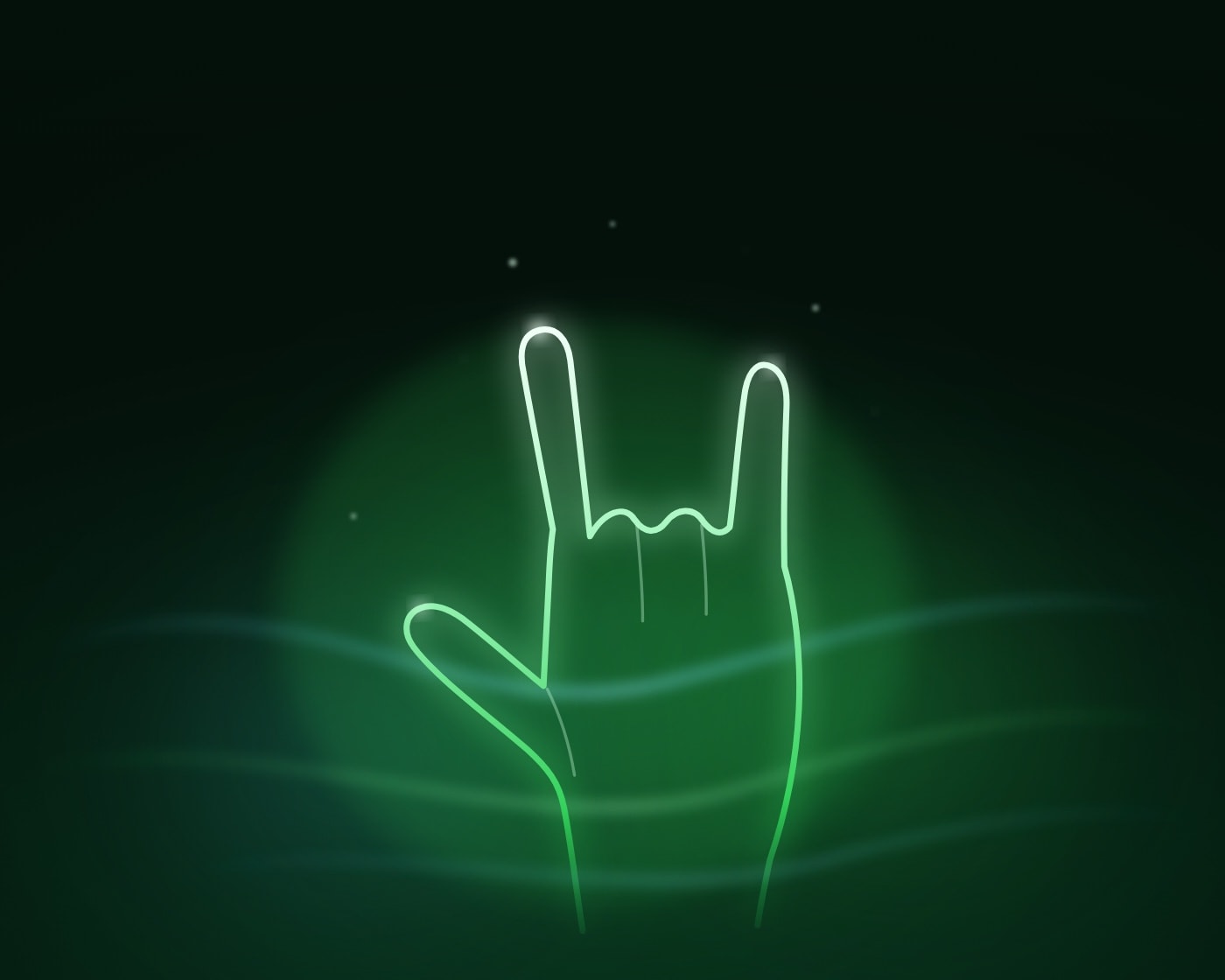 A hand signing 'I love you' in American Sign Language, drawn as a single line of neon light. Artwork for VocalSign, the AI sign-language translation app by Thomas Truong.